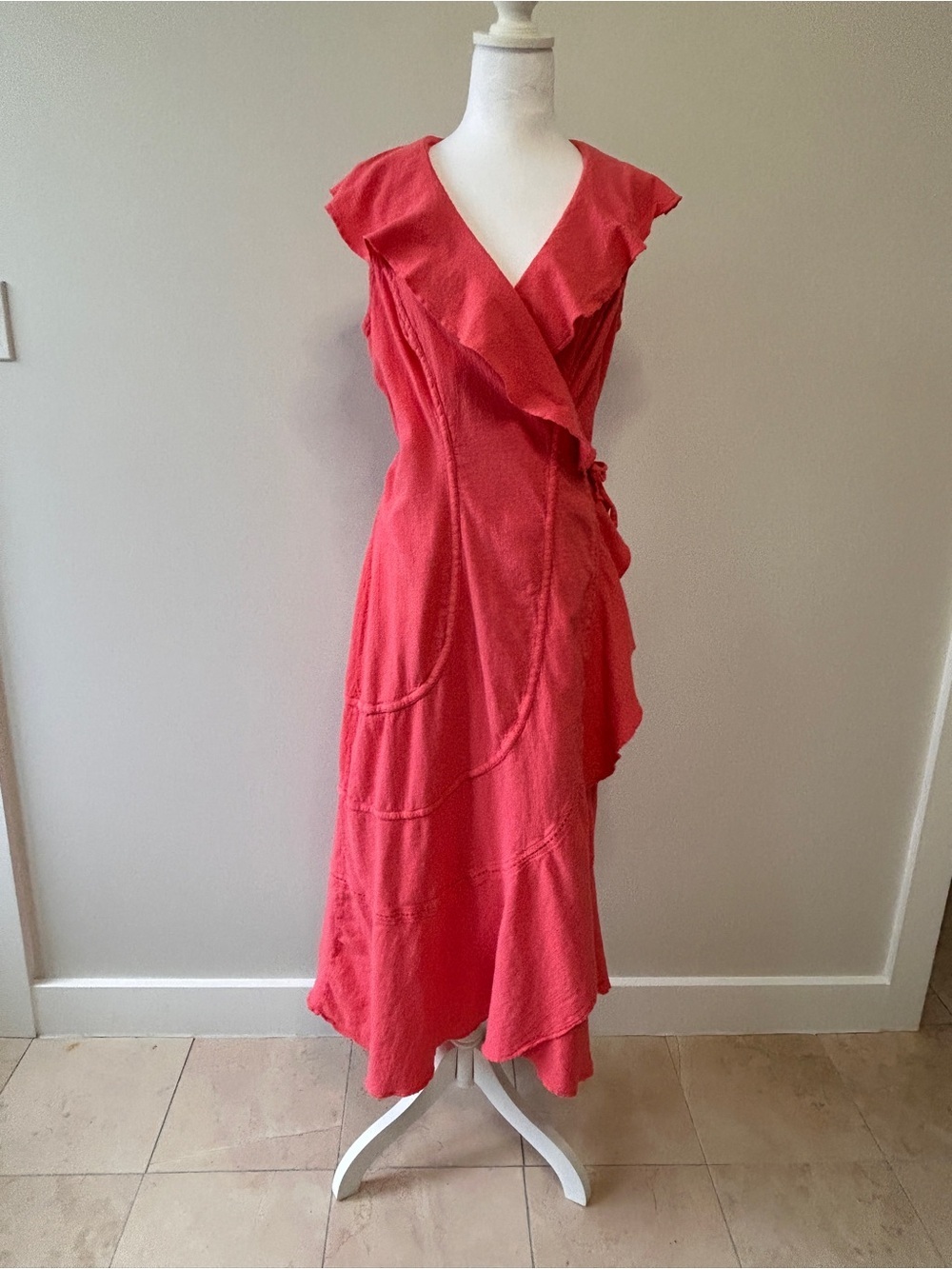 Dunes Fiesta Wrap Crinkled Cotton Midi Dress Women’s Size Medium Coral Vacation